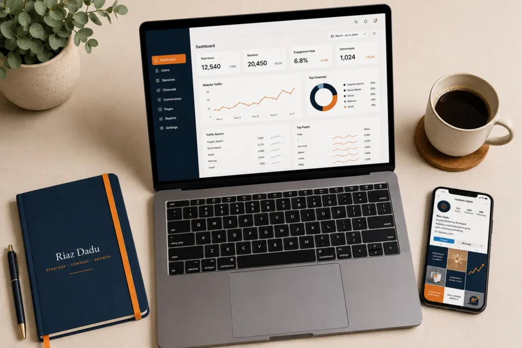 Digital Marketing Tips for Small Business represented by a laptop displaying marketing analytics, smartphone with Instagram feed, notebook, and coffee cup in a modern workspace.