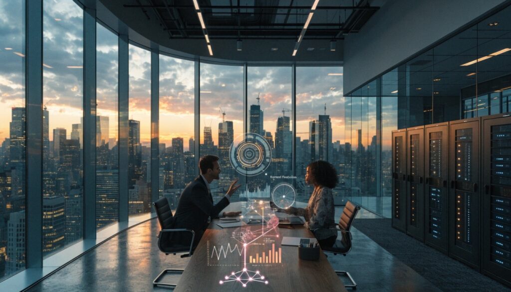 A high-tech workspace illustrating the modern AI boom in USA with digital network streams