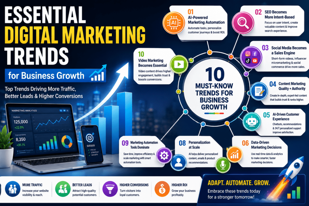 Essential Digital Marketing Trends for Business Growth in 2026 infographic featuring AI-powered marketing automation, SEO optimization, social media marketing, content marketing, customer experience, data-driven decisions, personalization, video marketing, and business growth strategies.