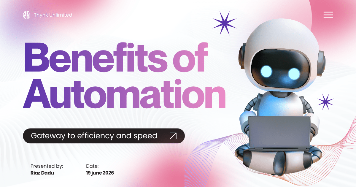 Benefits of Automation presentation cover featuring a friendly AI robot using a laptop with the tagline “Gateway to efficiency and speed.