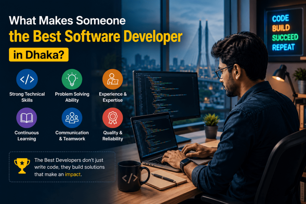 Best software developer in Dhaka working on laptop with Dhaka city skyline in the background, 2026 guide banner